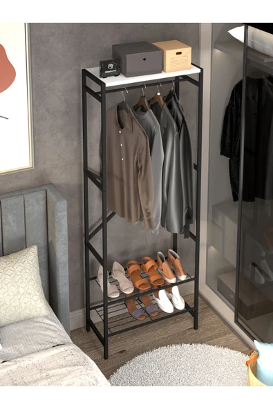 miyuhome Metal Raflı Elbise Askılığı Yatak Odası 3 Raflı Askılık Portmanto ürün görseli 1