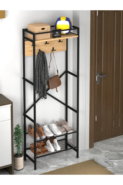 miyuhome Metal Portmanto Raflı Elbise Askılığı Vestiyer Ayakkabılık Modern 3 Raflı Askılı Portmanto ürün görseli 1