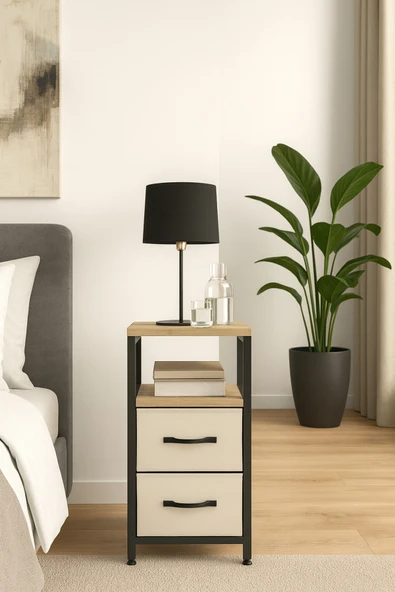 miyuhome 2 Raflı Komodin Deri Çekmeceli Düzenleyici Yatak Odası Organizer Metal Komodin ürün görseli 1