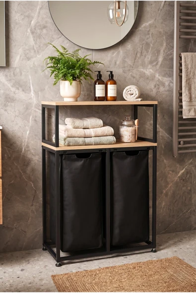 miyuhome Metal Kızaklı Çamaşır Sepeti 2X40 LT Kirli Sepeti Raflı Banyo Dolabı Büyük Boy 2 Katlı Kirli Sepeti ürün görseli 1