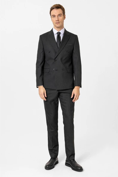 Siyah Slim Fit Düz Kruvaze Yaka 6 Drop Klasik Takım Elbise ürün görseli 1