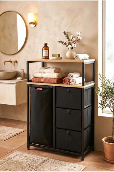 miyuhome 3 Çekmeceli Metal Kızaklı Çamaşır Sepeti 40 LT Kirli Sepeti 2 Raflı Banyo Dolabı Kirli Sepeti ürün görseli 1