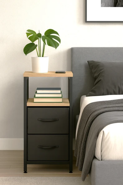 miyuhome 2 Raflı Komodin Deri Çekmeceli Düzenleyici Yatak Odası Organizer Metal Komodin ürün görseli 1