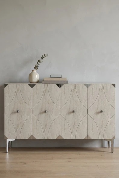 KA1297BTS ALFA Konsol ve Tv Sehpası Beyaz-Traverten-Silver 120cm ürün görseli 1