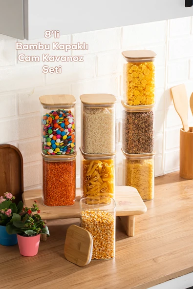 Porsima 6-4 Bambu Vakumlu Kapaklı Kare Borosilikat Cam 8li Kavanoz Seti Saklama Kabı 1250ml 9,5x15cm ürün görseli 1