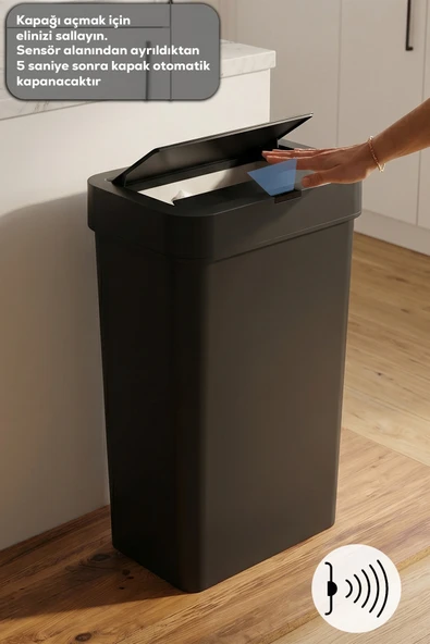 Porsima Me-05-1 Hareket Sensörlü Sessiz Kapatma Çöp Kutusu Banyo Mutfak Çöp Kovası Kapaklı Banyo Çöp Kovası 2 adet AA Pil Siyah 50LT ürün görseli 1