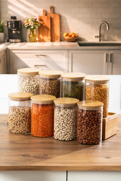 Porsima 2-4 Bambu Vakumlu Kapaklı Yuvarlak Borosilikat Cam 8li Kavanoz Seti Saklama Kabı 1300ml 10x20cm ürün görseli 1