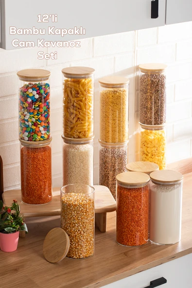 Porsima 3-4 Bambu Vakumlu Kapaklı Yuvarlak Borosilikat Cam 12li Kavanoz Seti Saklama Kabı 1650ml 10x25cm ürün görseli 1