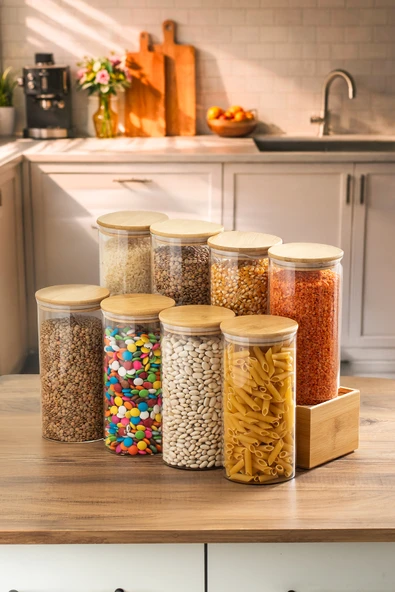 Porsima 3-4 Bambu Vakumlu Kapaklı Yuvarlak Borosilikat Cam 8li Kavanoz Seti Saklama Kabı 1650ml 10x25cm ürün görseli 1
