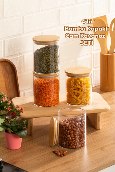Porsima 1-4 Bambu Vakumlu Kapaklı Yuvarlak Borosilikat Cam 4lü Kavanoz Seti Saklama Kabı 750ml 10x12cm ürün görseli 1