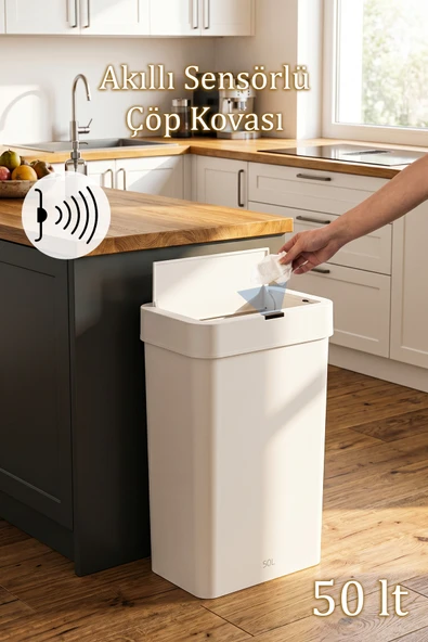 Porsima Me-05 Hareket Sensörlü Sessiz Kapatma Çöp Kutusu Banyo Mutfak Çöp Kovası Kapaklı Banyo Çöp Kovası 2 adet AA Pil Beyaz 50LT ürün görseli 1
