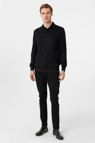 Siyah Regular Düz Polo Yaka Triko - Resim 8