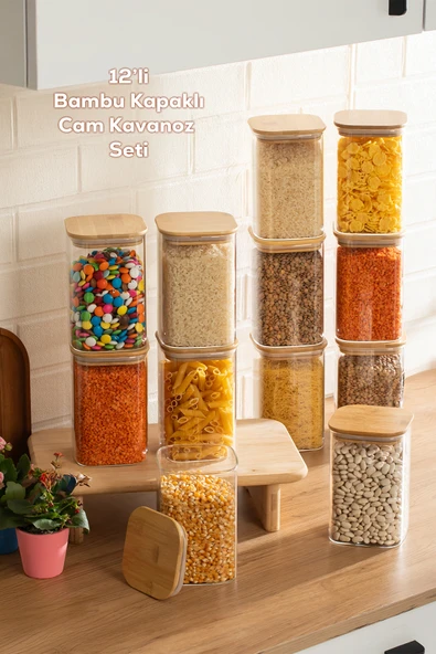 Porsima 6-4 Bambu Vakumlu Kapaklı Kare Borosilikat Cam 12li Kavanoz Seti Saklama Kabı 1250ml 9,5x15cm ürün görseli 1