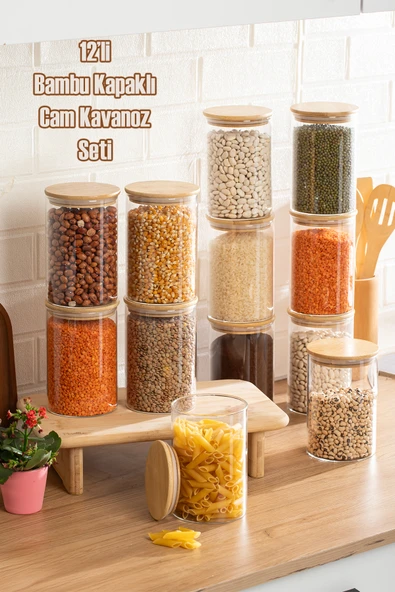 Porsima 2-4 Bambu Vakumlu Kapaklı Yuvarlak Borosilikat Cam 12li Kavanoz Seti Saklama Kabı 1300ml 10x20cm ürün görseli 1