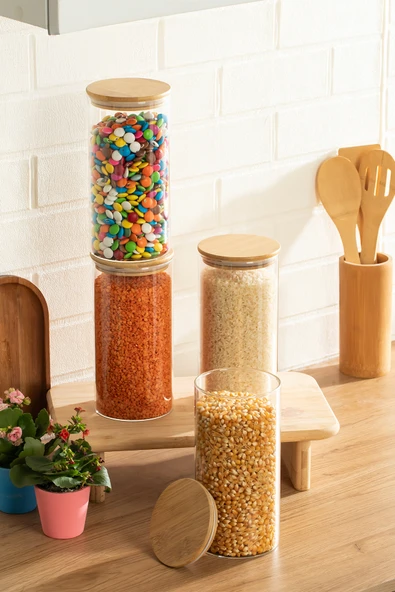 Porsima 3-4 Bambu Vakumlu Kapaklı Yuvarlak Borosilikat Cam 4lü Kavanoz Seti Saklama Kabı 1650ml 10x25cm ürün görseli 1