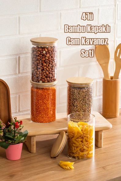 Porsima 2-4 Bambu Vakumlu Kapaklı Yuvarlak Borosilikat Cam 4lü Kavanoz Seti Saklama Kabı 1300ml 10x20cm ürün görseli 1