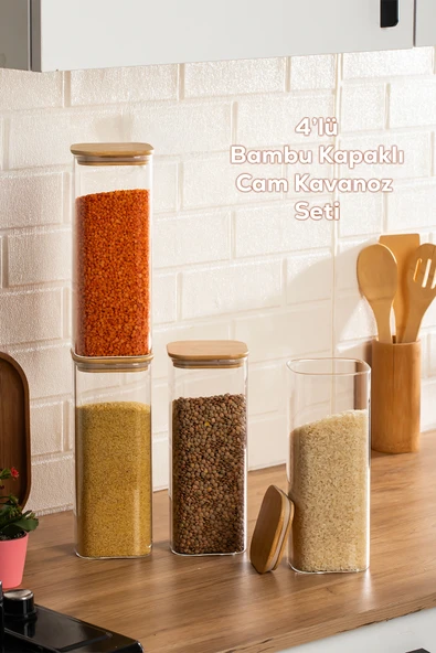 Porsima 7-4 Bambu Vakumlu Kapaklı Kare Borosilikat Cam 4lü Kavanoz Seti Saklama Kabı 1900ml 9,5x27cm ürün görseli 1
