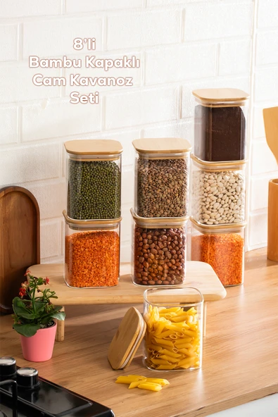 Porsima 5-4 Bambu Vakumlu Kapaklı Kare Borosilikat Cam 8li Kavanoz Seti Saklama Kabı 750ml 7,5x15cm ürün görseli 1