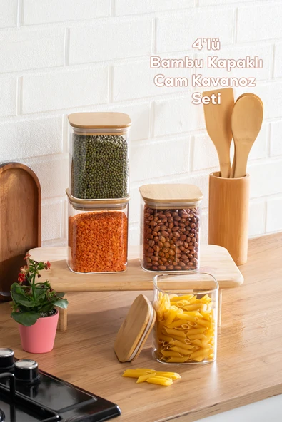 Porsima 5-4 Bambu Vakumlu Kapaklı Kare Borosilikat Cam 4lü Kavanoz Seti Saklama Kabı 750ml 7,5x15cm ürün görseli 1