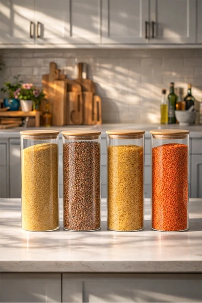 Porsima 4-4 Bambu Vakumlu Kapaklı Yuvarlak Borosilikat Cam 4lü Kavanoz Seti Saklama Kabı 2100ml 10x30cm ürün görseli 1