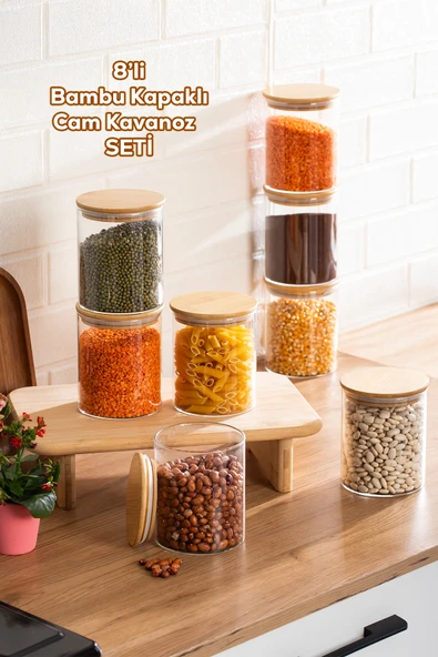 Porsima 1-4 Bambu Vakumlu Kapaklı Yuvarlak Borosilikat Cam 8li Kavanoz Seti Saklama Kabı 750ml 10x12cm ürün görseli 1