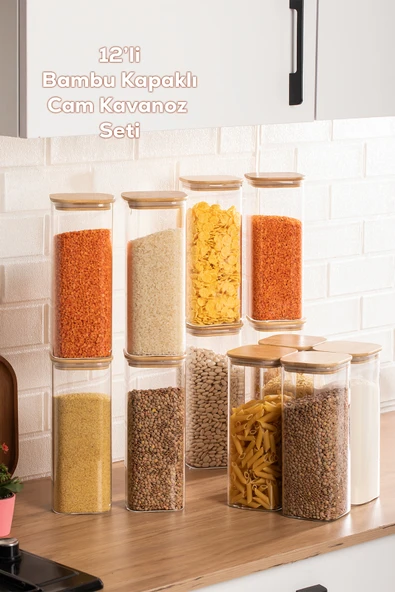 Porsima 7-4 Bambu Vakumlu Kapaklı Kare Borsilikat Cam 12li Kavanoz Seti Saklama Kabı 1900ml 9,5x27cm ürün görseli 1