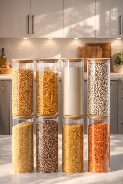 Porsima 4-4 Bambu Vakumlu Kapaklı Yuvarlak Borosilikat Cam 8li Kavanoz Seti Saklama Kabı 2100ml 10x30cm ürün görseli 1