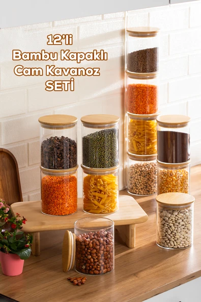 Porsima 1-4 Bambu Vakumlu Kapaklı Yuvarlak Borosilikat Cam 12li Kavanoz Seti Saklama Kabı 750ml 10x12cm ürün görseli 1