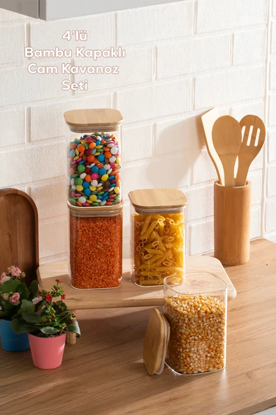 Porsima 6-4 Bambu Vakumlu Kapaklı Kare Borosilikat Cam 4lü Kavanoz Seti Saklama Kabı 1250ml 9,5x15cm ürün görseli 1