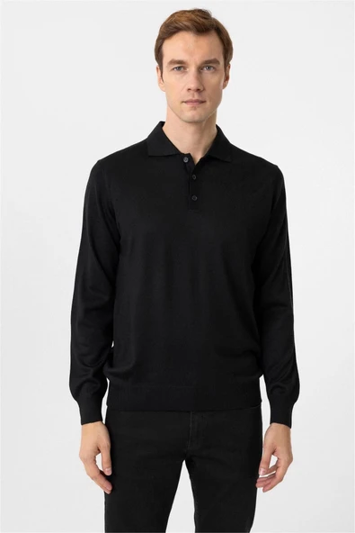 Siyah Regular Düz Polo Yaka Triko - Resim 2