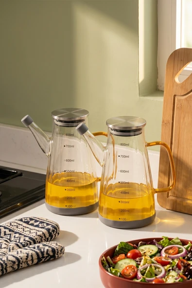 Porsima Yh009-D02 2li Metal Kapaklı Vakumlu Ölçekli Borosilikat Cam Yağdanlık Takımı - Sızdırmaz Yağlık Sirkelik Seti 800ml+800ml ürün görseli 1