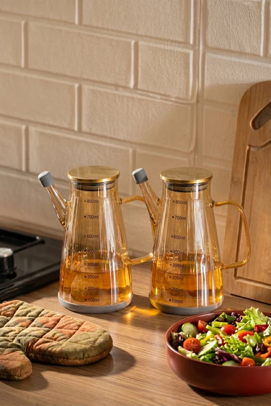 Porsima Yh009-D01 2li Metal Kapaklı Vakumlu Ölçekli Borosilikat Renkli Cam Yağdanlık Takımı - Sızdırmaz Yağlık Sirkelik Seti 800ml+800ml ürün görseli 1