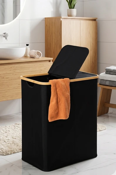 Porsima PBT-717 Bambu 2 Bölmeli Keten Banyo Kirli Çamaşır Sepeti Banyo Düzenleyici Sepet ürün görseli 1
