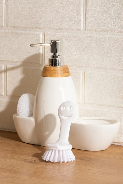 Porsima 5310825 Tezgah Üstü Beyaz Sıvı Sabunluk Fırçalı Süngerli Porselen Sabunluk 700ml 28cm ürün görseli 1