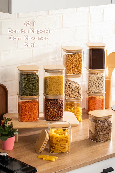 Porsima 5-4 Bambu Vakumlu Kapaklı Kare Borosilikat Cam 12li Kavanoz Seti Saklama Kabı 750ml 7,5x15cm ürün görseli 1