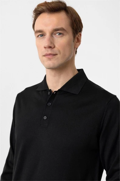 Siyah Regular Düz Polo Yaka Triko - Resim 10
