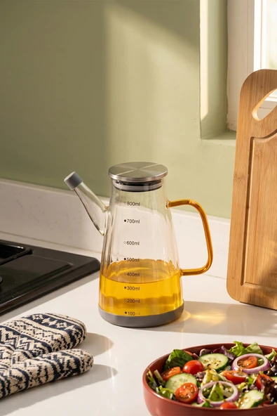 Porsima Yh009-D02 Metal Kapaklı Vakumlu Ölçekli Borosilikat Cam Yağdanlık - Sızdırmaz Yağlık Sirkelik 800ml ürün görseli 1