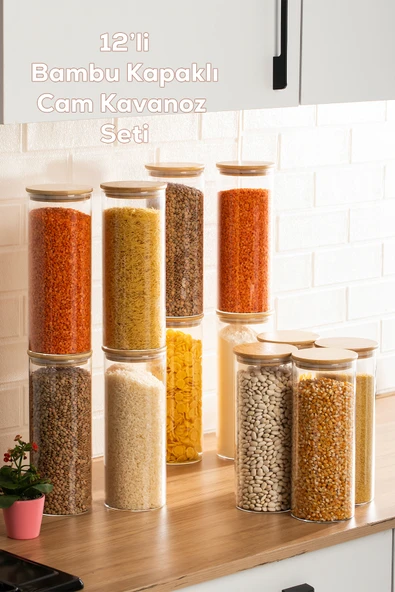 Porsima 4-4 Bambu Vakumlu Kapaklı Yuvarlak Borosilikat Cam 12li Kavanoz Seti Saklama Kabı 2100ml 10x30cm ürün görseli 1