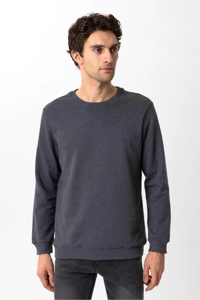 O Yaka Regular Kalıp Düz Sweatshirt - Resim 4