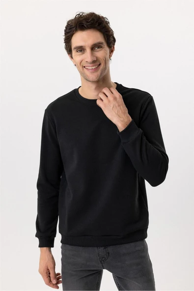 O Yaka Regular Kalıp Düz Sweatshirt - Resim 3