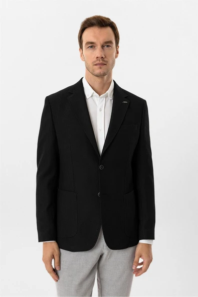 Siyah Regular Fit Mono Yaka 6 Drop Ceket - Resim 3