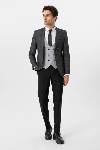 Siyah Slim Fit Desenli Sivri Yaka 6 Drop Yelekli Klasik Takım Elbise ürün görseli 1