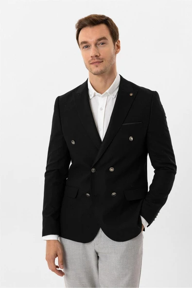 Siyah Slim Fit Desenli Kruvaze Yaka Ceket ürün görseli 1