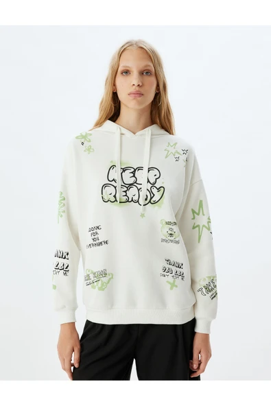 Şardonlu Kapüşonlu Sweatshirt Slogan Baskılı Rahat Kalıp - Resim 3