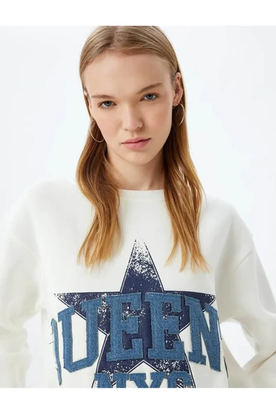 Oversize Sweatshirt Bisiklet Yaka Kolej İşlemeli Şardonlu ürün görseli 1