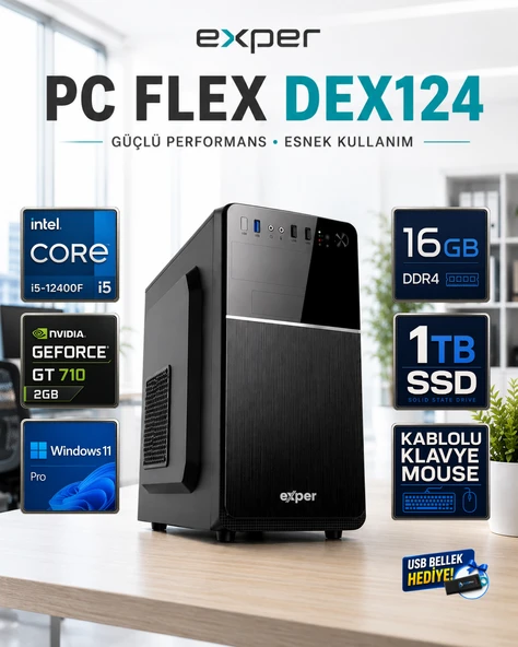 Exper PC Flex DEX124 İntel Core i5-12400F 16 GB DDR4 1 TB SSD Nvidia Geforce GT710 2 GB Windows 11 Pro Masaüstü Bilgisayar DEX124RNP02 ürün görseli 1
