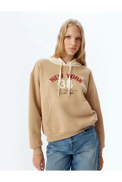 Şardonlu Kolej Sweatshirt Kapüşonlu Baskılı Kanguru Cepli Rahat Kalıp ürün görseli 1