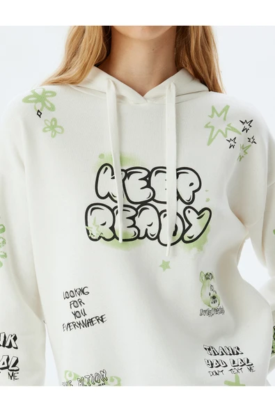 Şardonlu Kapüşonlu Sweatshirt Slogan Baskılı Rahat Kalıp - Resim 5