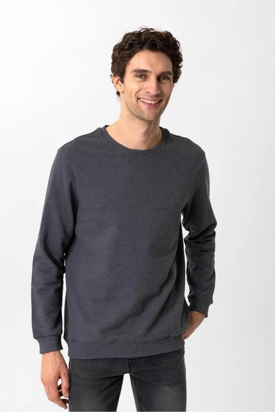 O Yaka Regular Kalıp Düz Sweatshirt - Resim 8