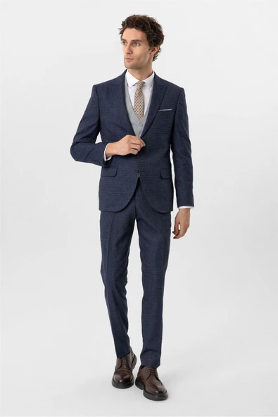 Lacivert Slim Fit Desenli Sivri Yaka 6 Drop Yelekli Klasik Takım Elbise ürün görseli 1